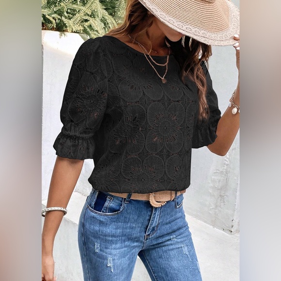 Black Flower Eyelet Jacquard Keyhole Flounce
Sleeve Top Bohemian Blouse - Picture 6 of 9